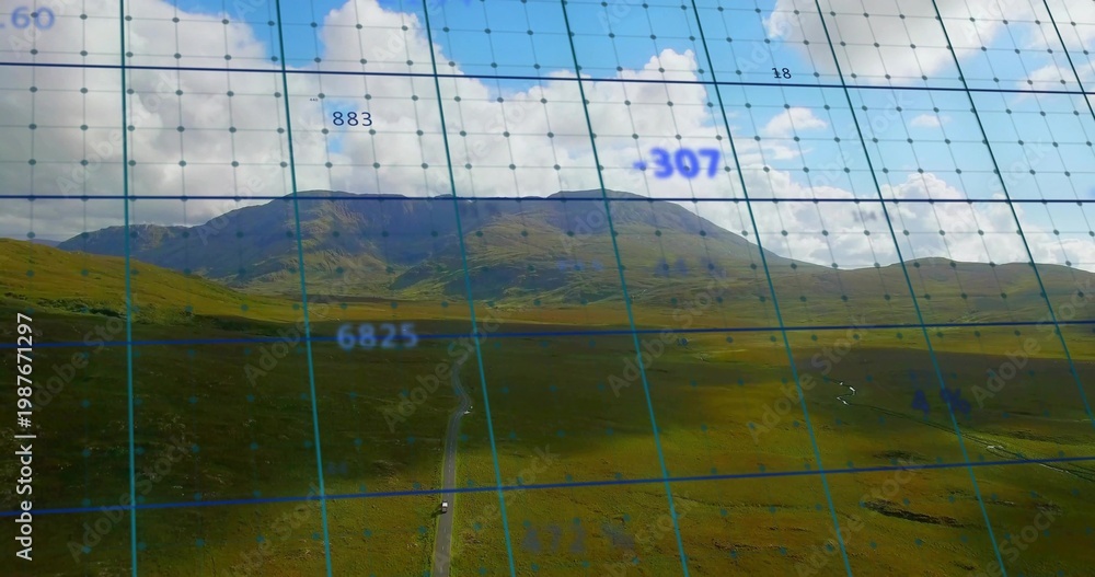 Fototapeta premium Displaying mountain ridge and moorland from viewpoint, showing road, vehicle, blue grid, clouds