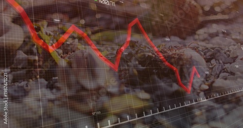 Displaying red jagged trend line and grid overlay on gravel bed, showing numeric labels and pebbles