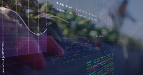 Displaying clear market charts over strawberry bed, red gardening glove touching ripe strawberry