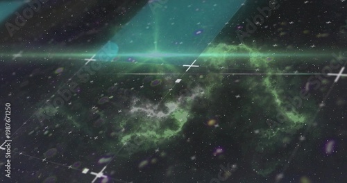 Displaying green nebula stretching across deep space with HUD grid, crosses, arc, flare