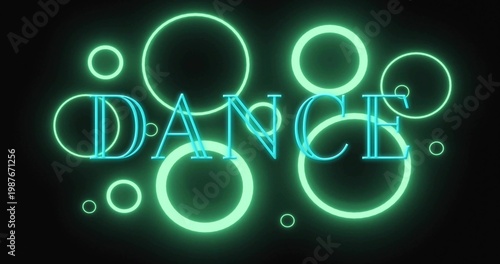 Pulsing turquoise-cyan neon word DANCE glowing on dark canvas, with overlapping rings and halos
