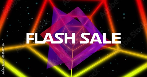 Displaying bold white FLASH SALE centered on synthwave graphic, with neon grid and magenta overlay