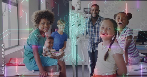 Smiling teacher in plaid shirt guiding five kids examining skeleton in classroom, circuit overlay