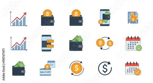 A collection of fifteen finance-related vector icons featuring graphs, wallets with cash and Bitcoin, mobile banking, currency exchange, and calendars.