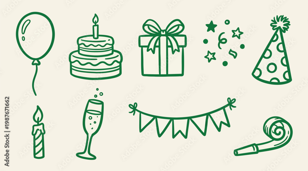 Obraz premium A collection of hand-drawn green line art icons representing elements of a birthday celebration, including a balloon, cake, gift, confetti, party hat, candle, champagne, bunting, and noisemaker.