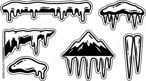 Icicles and snowy mountain peak with dripping ice formations