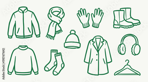 A collection of winter clothing items and accessories, including a jacket, scarf, hat, gloves, socks, sweater, coat, boots, earmuffs, and a hanger.