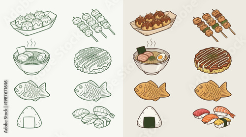 A collection of Japanese food illustrations, showcasing a variety of popular dishes and snacks in a clean, stylized design.