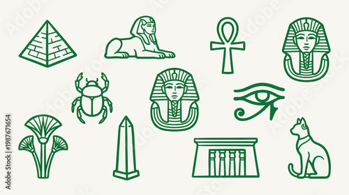 A collection of iconic ancient Egyptian symbols including pyramids, a sphinx, pharaohs, hieroglyphs, and animals, rendered in a clean, green outline style.