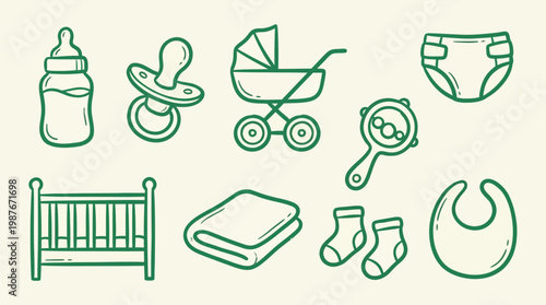 A collection of hand-drawn green line art icons representing essential baby care items and nursery furniture on a light background.