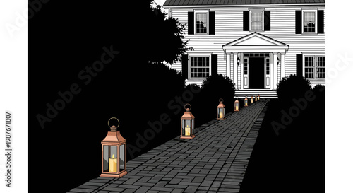 Vector art of a white house at night with lanterns lining a walkway