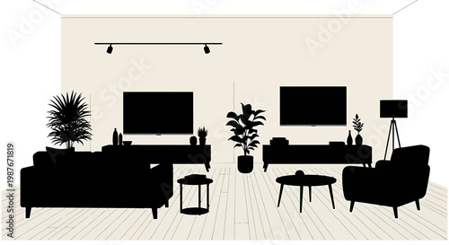 Modern Living Room Silhouette Vector Interior Illustration
