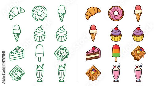 Collection of colorful and outline illustrations of various sweet desserts and treats, including donuts, ice cream, cakes, and waffles.