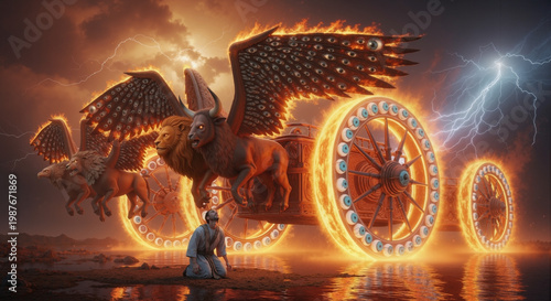 The Vision of Ezekiel. The Chariot of God with fiery wheels and many eyes. Merkabah vision with cherubim and lightning in a stormy sky. Biblical prophecy and divine revelation concept