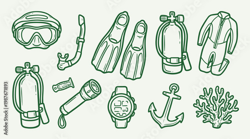 A collection of hand-drawn illustrations depicting various scuba diving equipment and accessories, including a mask, snorkel, fins, tanks, wetsuit, flashlight, watch, anchor, and coral.