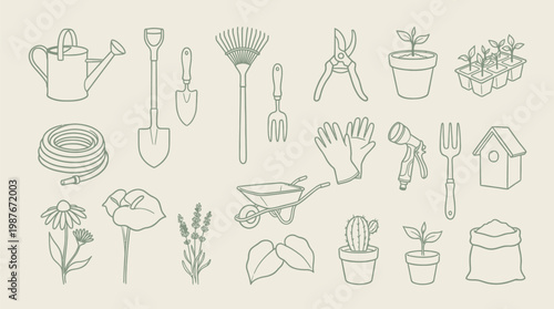 A collection of line art illustrations depicting various gardening tools, plants, and accessories on a light beige background.