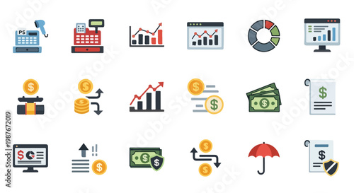 This vector illustration showcases a collection of flat icons representing business and finance concepts like charts, money, and data analysis.