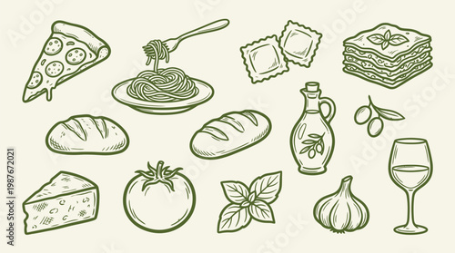 A collection of hand-drawn Italian food and ingredients, including pizza, pasta, bread, cheese, tomatoes, basil, garlic, olive oil, and wine.