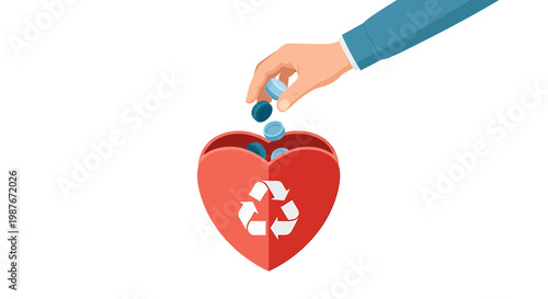 Hand Putting Plastic Bottle Caps in Heart Recycle Bin Illustration