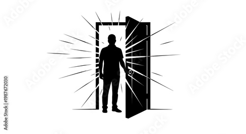 Silhouette of a Man Standing in an Open Doorway with Light Rays