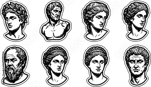 Black and white classical bust heads set of ancient philosophers and deities vector art