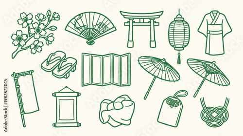 A collection of traditional Japanese cultural icons and symbols, rendered in a simple green outline style on a cream background.