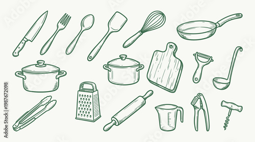 A collection of hand-drawn kitchen utensils and cookware, including pots, pans, knives, whisks, and cutting boards, presented in a simple, illustrative style.