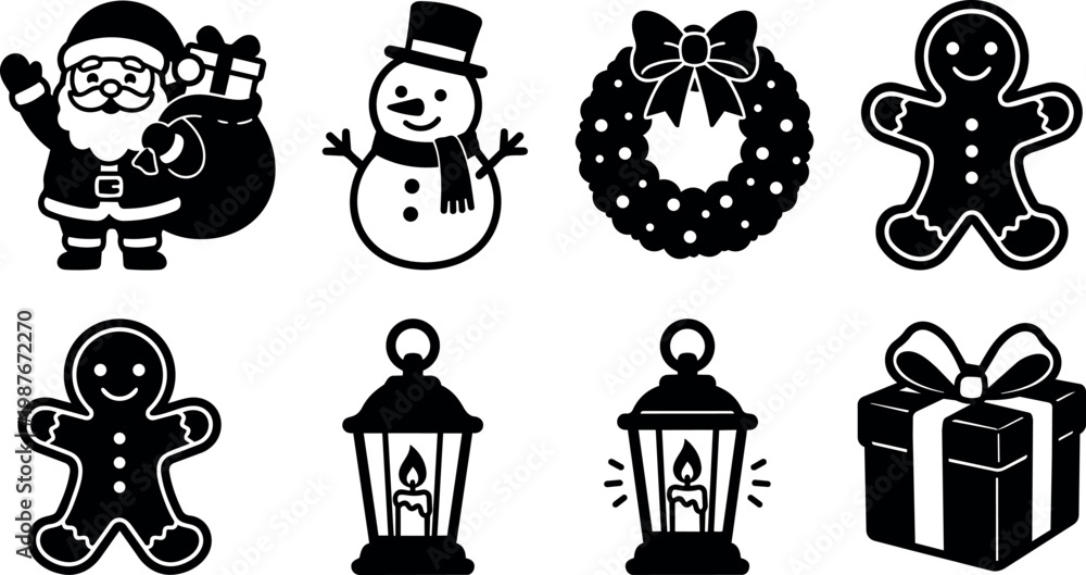Naklejka premium Black and white christmas icons including santa snowman wreath gingerbread candle and gift box