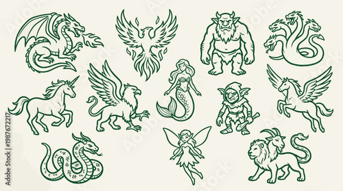 A collection of mythical creatures and fantasy beings, including a dragon, phoenix, troll, hydra, unicorn, griffin, mermaid, goblin, pegasus, fairy, chimera, and serpent.