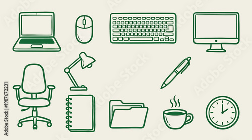 A collection of office and study-related icons, including a laptop, computer monitor, keyboard, mouse, desk chair, lamp, notebook, folder, pen, coffee cup, and clock.