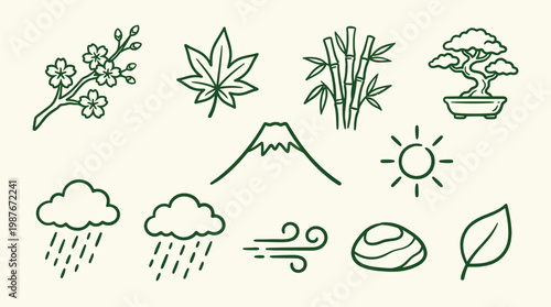 A collection of Japanese-themed icons including nature elements like cherry blossoms, maple leaves, bamboo, a bonsai tree, Mount Fuji, sun, rain clouds, wind, and a stone.