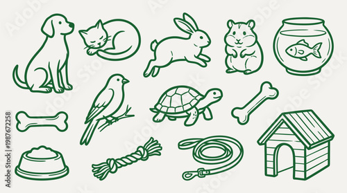 A charming collection of hand-drawn illustrations depicting various domestic animals and their accessories, presented in a simple, clean line art style.