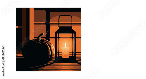 Autumn Night Illustration with Pumpkin and Glowing Lantern