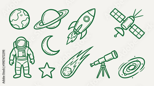 A charming collection of hand-drawn space-themed illustrations, featuring planets, rockets, astronauts, and celestial bodies.