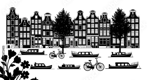 Amsterdam City Skyline Silhouette with Canal Houses Boats and Bicycles