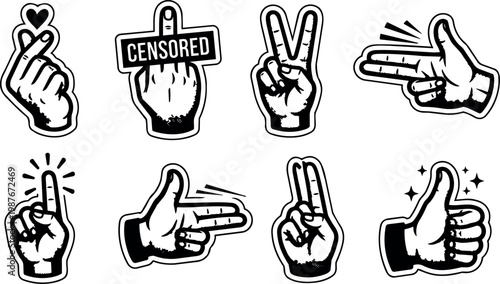 Black and white hand gesture icons including heart peace censored and thumbs up