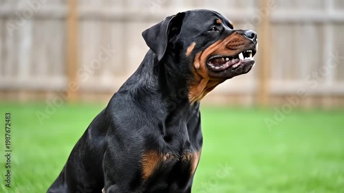 Muscular Rottweiler Dog Sitting and Barking in a Grassy Backyard