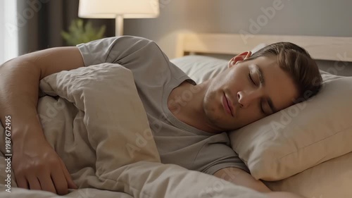Young Man Sleeping Peacefully in Comfortable Bed at Home
