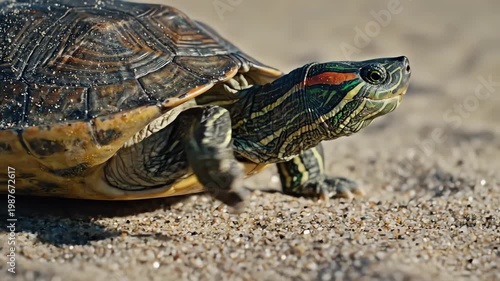Red Eared Slider Turtle Crawling on Sandy Ground Close Up