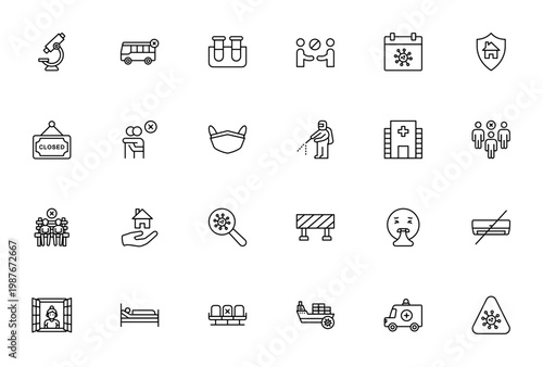 Quarantine icon set. Vector illustration of Microscope, Bus, Test tube, Medical mask, Shield, Hospital, Isolation and more. Editable stroke.