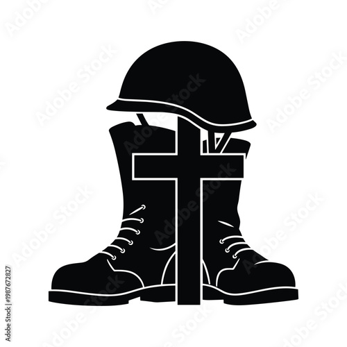 Military memorial silhouette featuring combat boots helmet and christian cross symbol