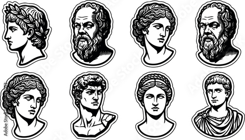 Black and white classical busts vector art of ancient greek and roman figures