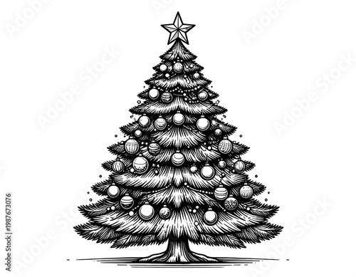 A detailed monochrome illustration depicting a decorated evergreen Christmas tree, adorned with ornaments and a star topper