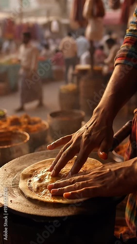 Chef Hands Cooking Traditional Indian Puran Poli on Street Griddle