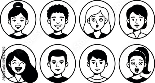 Black and white line art diverse avatar faces with different expressions