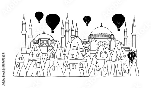 Dreamy Turkey Skyline – Cappadocia Fairy Chimneys and Istanbul Domes with Balloons