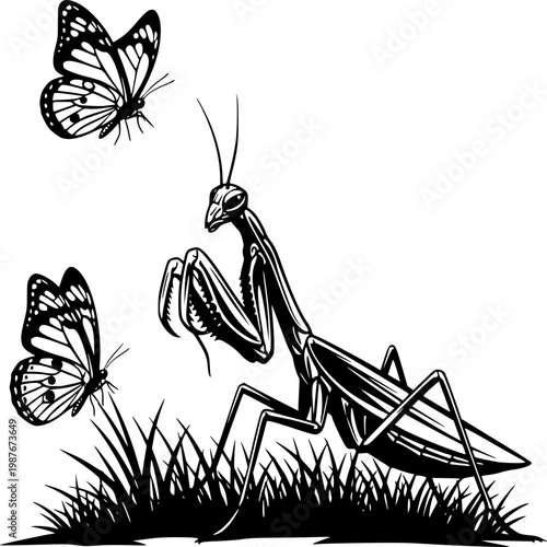 Mantis and Butterfly: A monochrome illustration features a praying mantis perched on a grassy patch, with a butterfly gracefully fluttering nearby. A moment of nature's delicate balance.