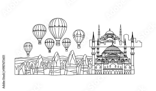 Minimalist Line Art Cappadocia Balloons with Hagia Sophia Style Mosque
