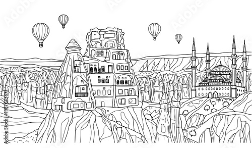 Hot Air Balloons Over Cappadocia Fairy Chimneys and Historic Turkish Mosque