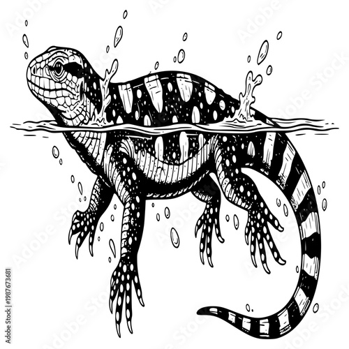 Lizard Swimming in Water: A black-and-white illustration of a lizard submerged in water, showing its detailed scales, pattern, and the splash of the water around it. 
